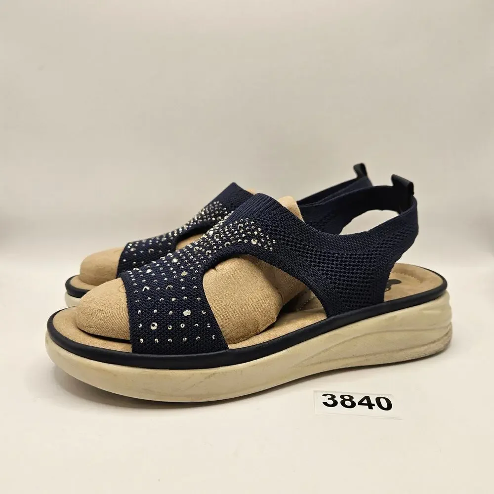 GC SHOES GOOD CHOICE WOMEN'S 6.5 STRETCH KNIT RHINESTONE SLINGBACK COMFORT NAVY